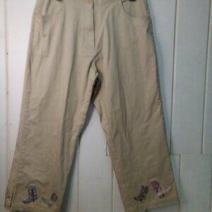 Bit & Bridle Capri Pants Women 10 High Waist Cowboy Boot Trim Tan Khaki